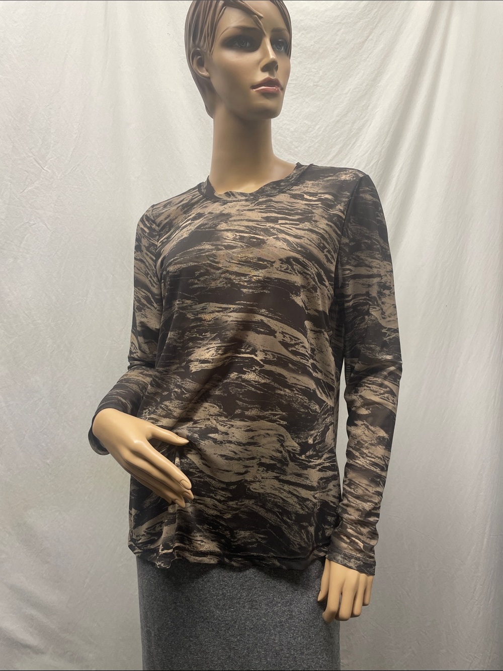Liverpool Los Angeles Women's Brown & Beige Sheer Abstract Print Long Sleeve Top